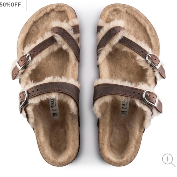 Sz 7- Birkenstock Mayari Sandals, Shearling Fur Lined Nubuck Leather- Habana - Picture 1 of 7